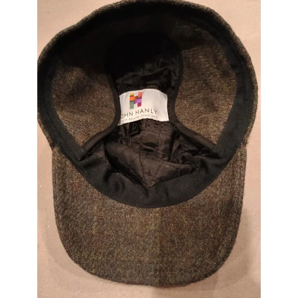 John Hanly 100% Wool Tweed Baseball Style Cap with Earflaps Sz 7 3/8  Large